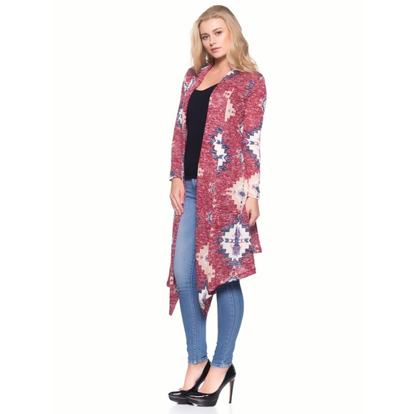 Red Aztec Print Cardigan Duster - Picture 2 of 4