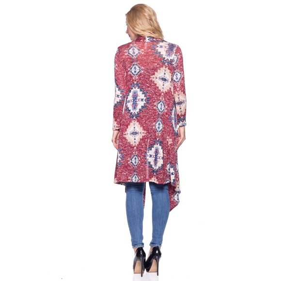 Red Aztec Print Cardigan Duster - Picture 3 of 4