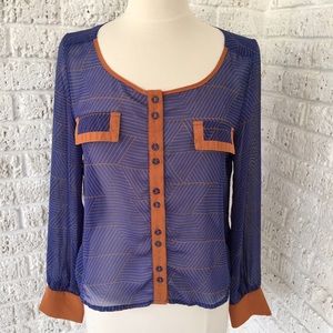 Blue and Brown Sheer geometric pattern blouse Blue and Brown Sheer geometric pattern blouse