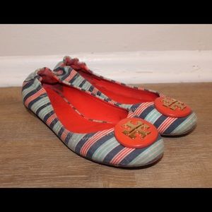 Red and blue striped Tory Burch flats