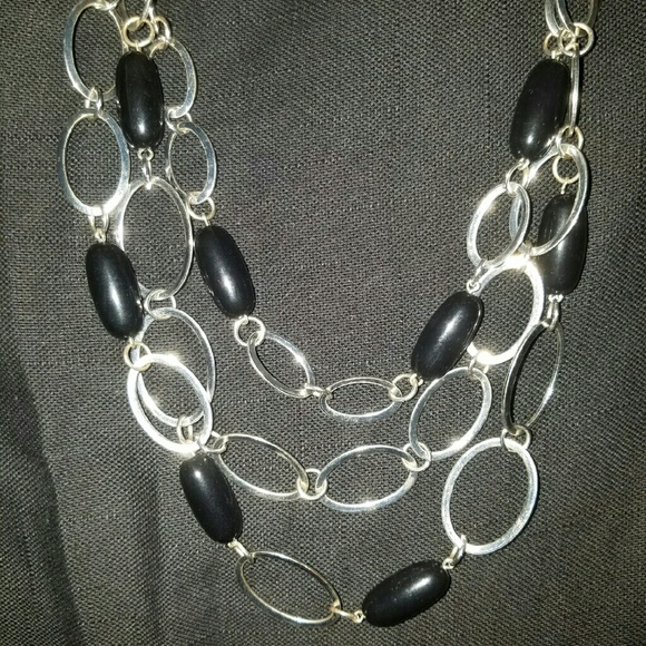 Tri Strand Silver and Black Bead Necklace