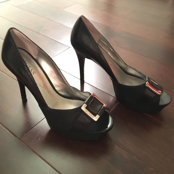 Leather canvas print buckle platform heels - Picture 1 of 5