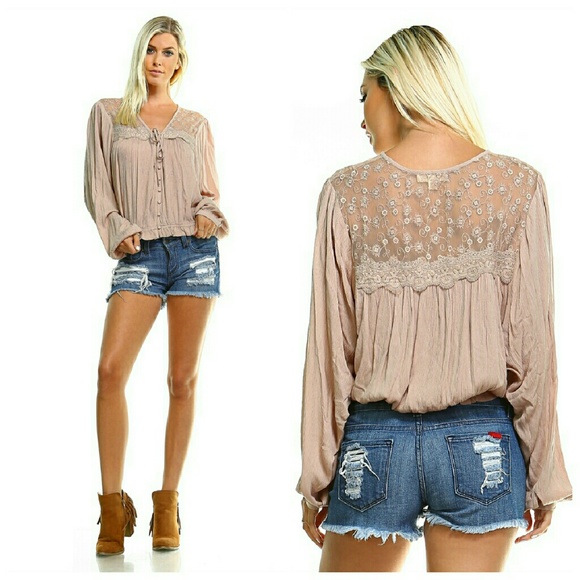 Sofi + Sebastien Tops - Coachella FAVE peasant top beige long sleeves lace