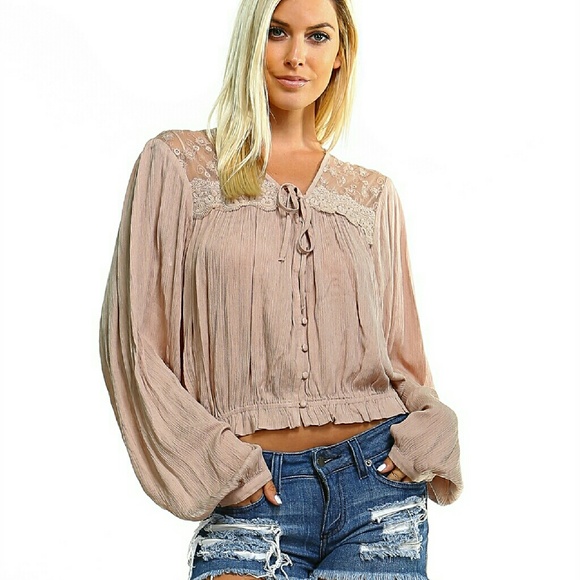Coachella FAVE peasant top beige long sleeves lace - Picture 5 of 6