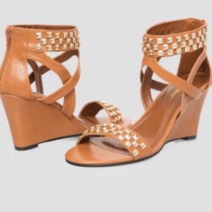 Brown and gold studded wedge sandals