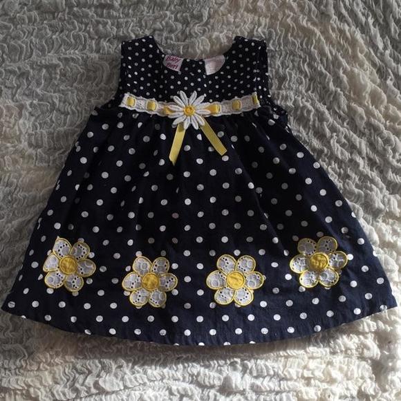 Baby Beri navy blue with white polka dot and daisy flower designs dress (6-9M)