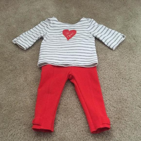 Janie & Jack grey stripe shirt with "I love you" heart and red pants with bow detail (12-18m). Great Valentine outfit
