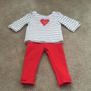 Janie & Jack grey stripe shirt with "I love you" heart and red pants with bow detail (12-18m). Great Valentine outfit