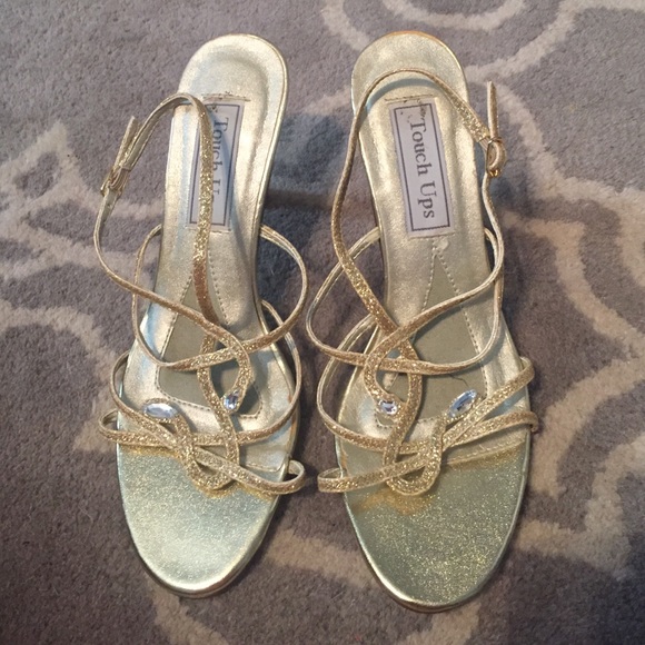 Gold evening wear heels w/ glitter & sequin detail