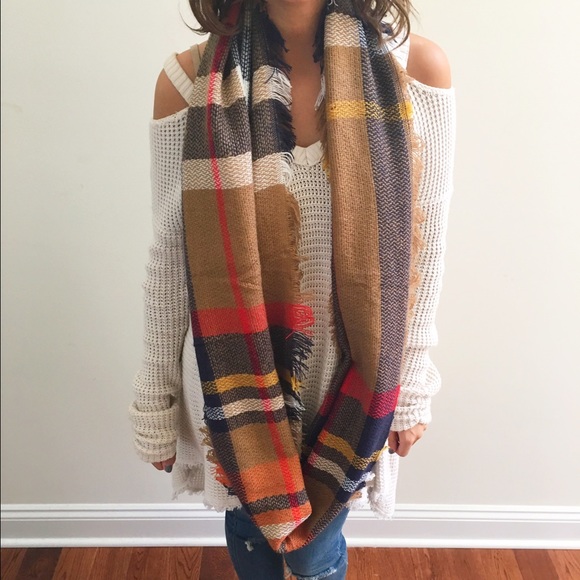Tan Plaid Fringe Infinity Scarf - Picture 3 of 4