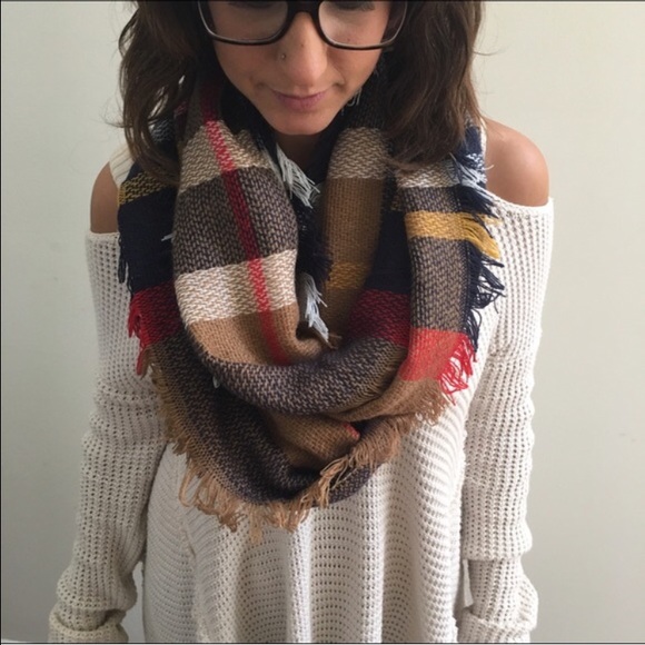 Accessories - Tan Plaid Fringe Infinity Scarf