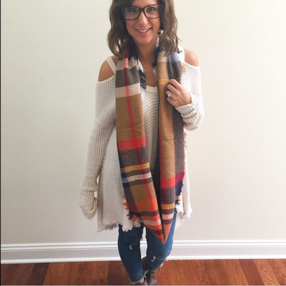Tan Plaid Fringe Infinity Scarf - Picture 2 of 4
