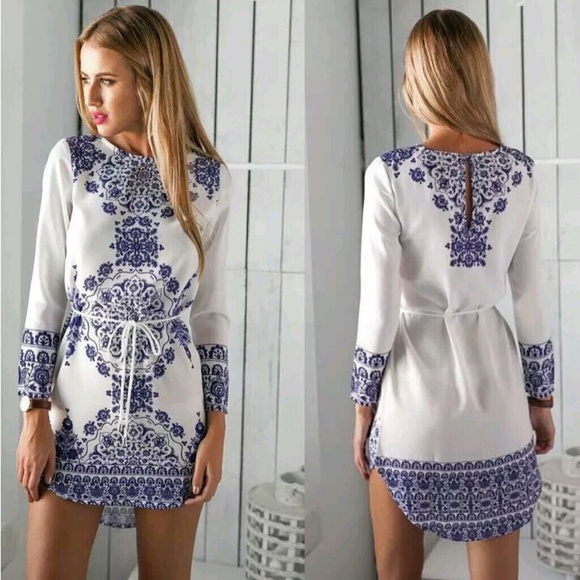 Dresses & Skirts - White with Blue Design Tunic/Mini-Dress