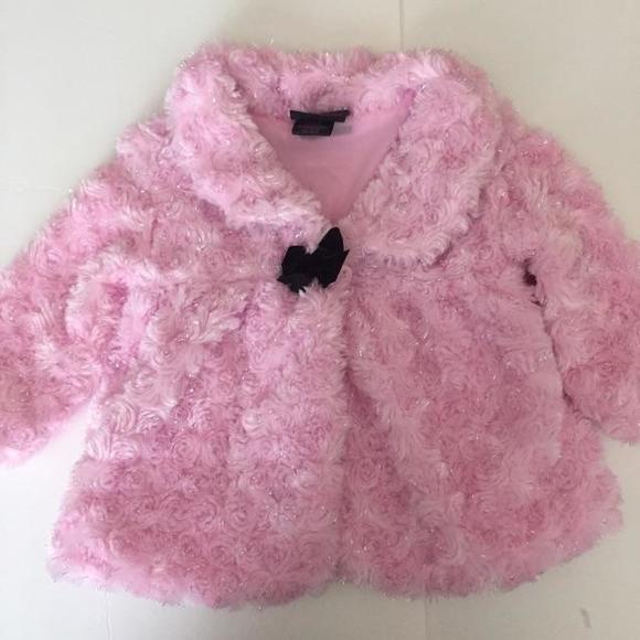 Pink fluffy jacket with silver flecks and black bow - Picture 1 of 4