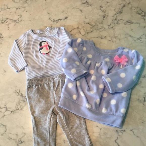 Carters 3 piece set blue penguin fleece pullover 3 month - Picture 1 of 3