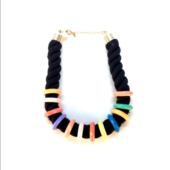 Vintage Black Rope with Multicolor Ring Necklace