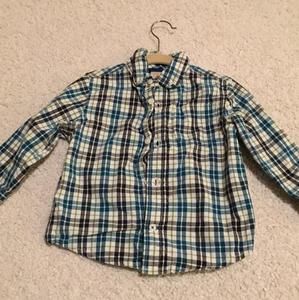 Gymboree button down. Navy, teal and olive plaid.