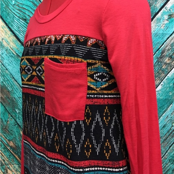 Red Tribal Print Contrast Long Sleeve Tee - Picture 3 of 7