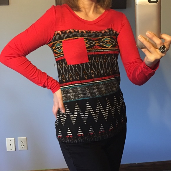 Red Tribal Print Contrast Long Sleeve Tee - Picture 7 of 7