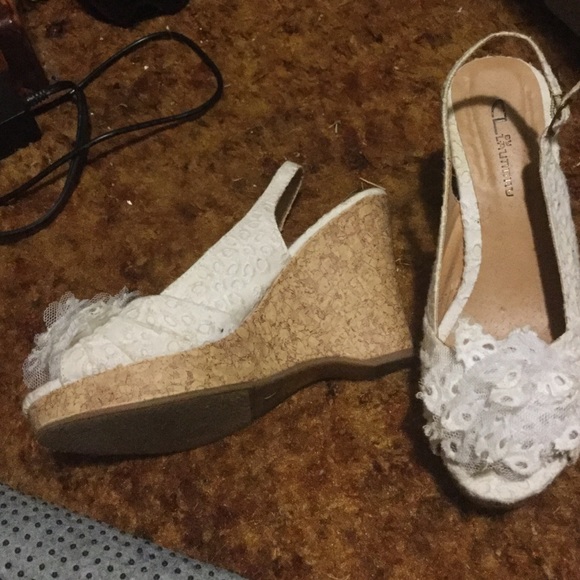white linen and cork heeled wedges