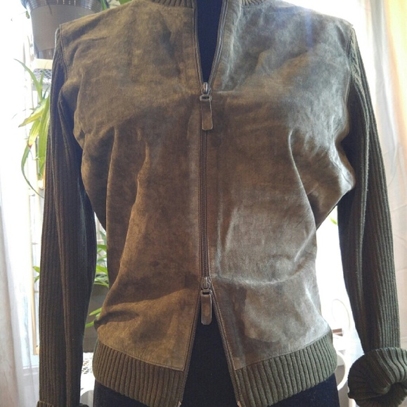 Olive green leather suede full zip panel sweater - Picture 5 of 8