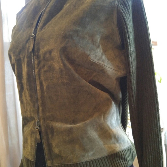 Olive green leather suede full zip panel sweater - Picture 6 of 8