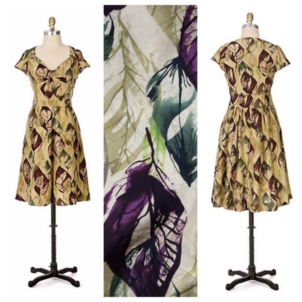 Viola gold leaf-print silk dress (Anthropologie)