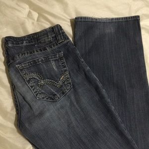 Dark wash, long boot cut jeans