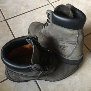 gray and black timberland boots