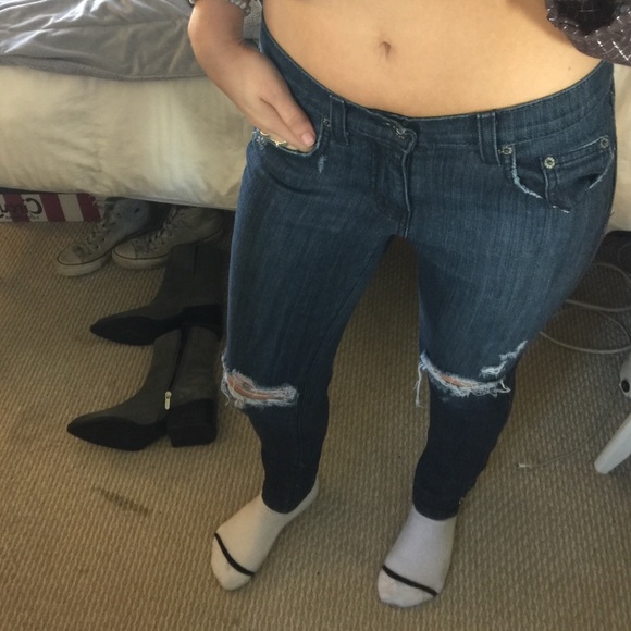 LF stretchy straight leg destroyed dark wash jeans