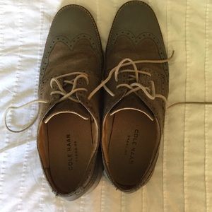 Cole Haan Grey & Tan Suede Wingtip Oxfords.