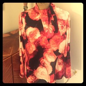 Worthington black pink rose blouse Petite Large