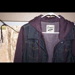 Dark denim jacket with a pop of color and hood!