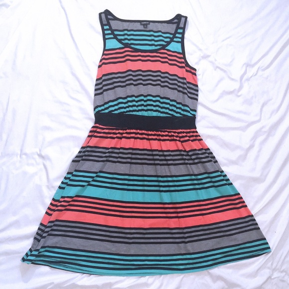 Turquoise peach black striped skater dress