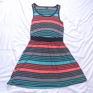 Turquoise peach black striped skater dress