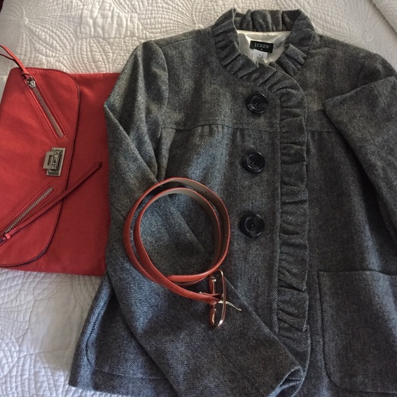 J Crew  gray Herringbone wool ruffle jacket