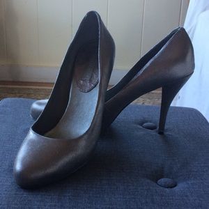 Pewter metallic leather heels