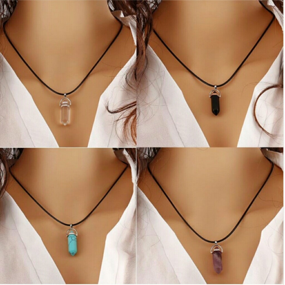 Leather & Multi Precious Stone Pendant Necklace - Picture 6 of 8