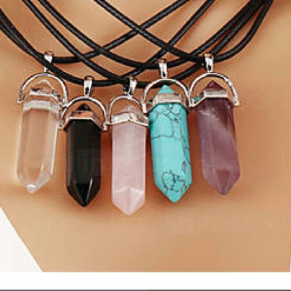 Leather & Multi Precious Stone Pendant Necklace - Picture 2 of 8