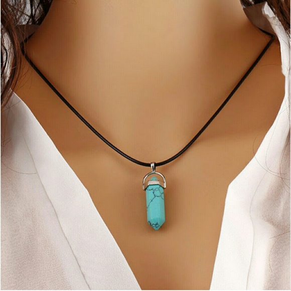 Leather & Multi Precious Stone Pendant Necklace - Picture 5 of 8