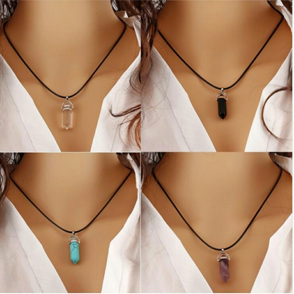 Leather & Multi Precious Stone Pendant Necklace - Picture 6 of 8