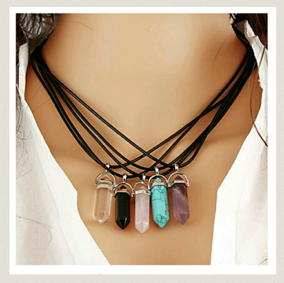 Leather & Multi Precious Stone Pendant Necklace - Picture 7 of 8