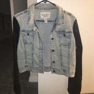 American rag denim jacket with leather sleeves