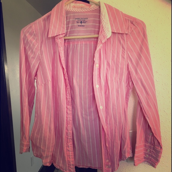 American Eagle Pink/White Striped Collared Shirt