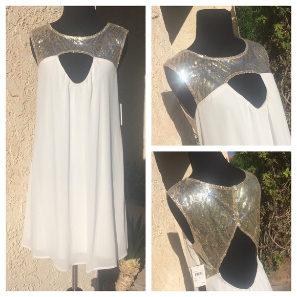NWT White Trapeze Open Back Dress & Sequin Detail