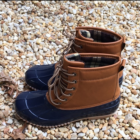 Womens Duck Boots Tan / Navy Rain Boots rainboots - Picture 2 of 3