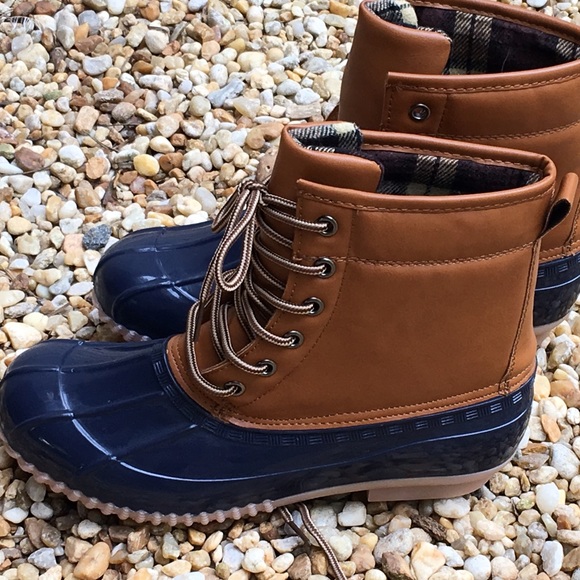 Womens Duck Boots Tan / Navy Rain Boots rainboots - Picture 3 of 3