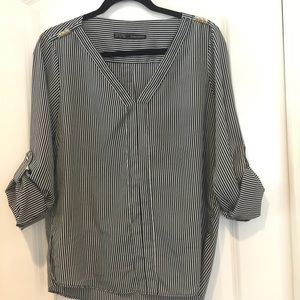 Zara striped, studded shoulder, v-neck blouse.