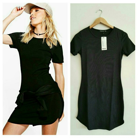 Boohoo Vicky Curved Hem Ribbed Bodycon Dress