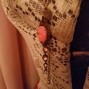 Coral flower cameo and crystals necklace